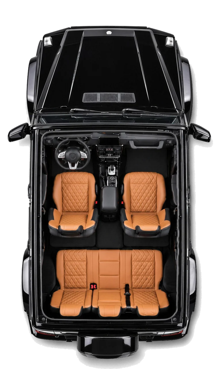Overhead cutaway of the cabin: front seats, rear bench, steering wheel and floor mats
