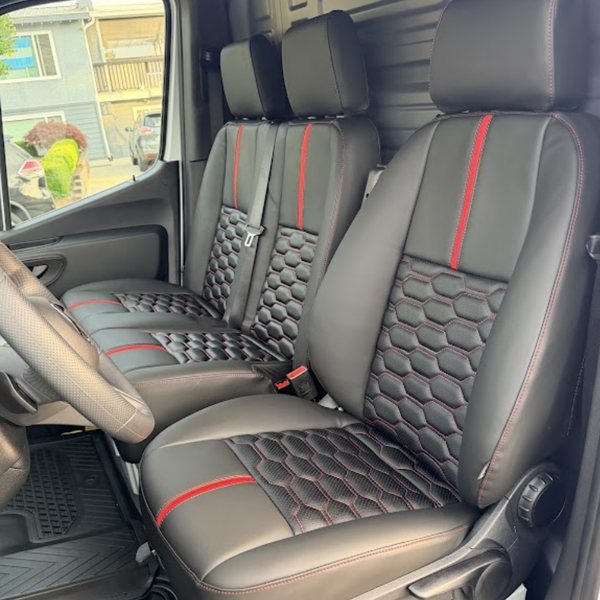Black leather seat covers with red hex quilting and red centre stripes fitted in a Mercedes-Benz Metris van